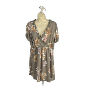 Xhilaration Grey Floral Print Ruffle V-Neck  Boho Hippie Chic Dress Size XXL